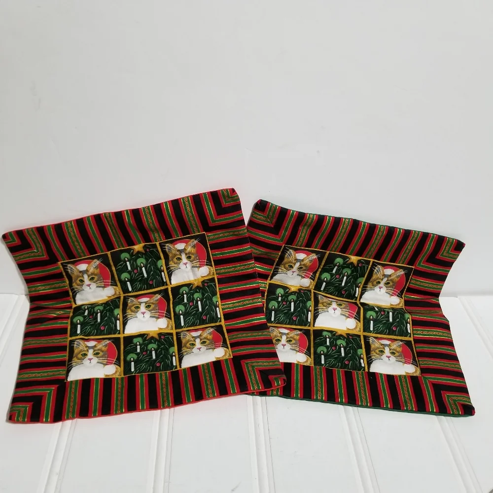 Vintage Cat Patchwork Throw Pillow Cover Set OS Christmas Holiday Red Green Gold